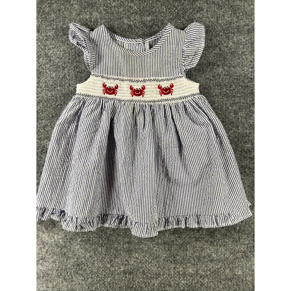 Girls Good Lad Smocked Crabs Nautical Seersucker Beach Portrait Dress 12 mos